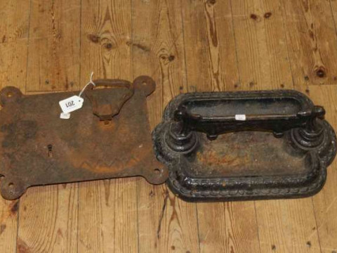 Cast metal boot scraper and large vintage lock