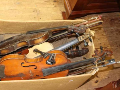 Five various violins and three bows