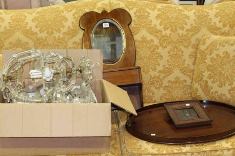 Inlaid oval tray, mahogany mirrored candle box, Sam Weller plaque and lustre light fitting and drops