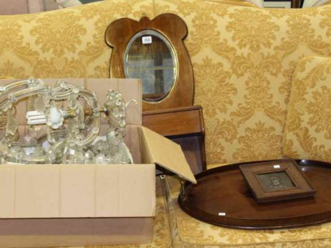 Inlaid oval tray, mahogany mirrored candle box, Sam Weller plaque and...