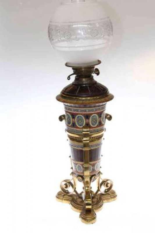 High quality brass and pottery (Metlach) oil lamp, the decorated vase body with substantial gilt brass strap mount and box, 50cm to burner