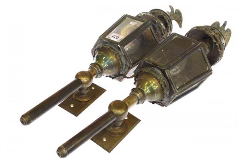 Pair brass carriage lamp lanterns with eagle finials