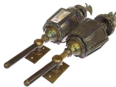 Pair brass carriage lamp lanterns with eagle finials