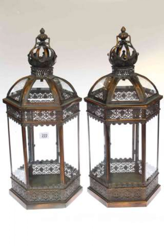 Pair hexagonal metal and glass lanterns