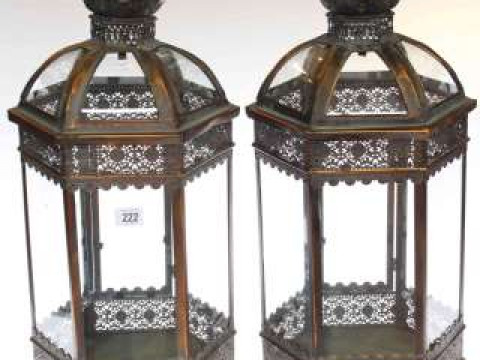 Pair hexagonal metal and glass lanterns