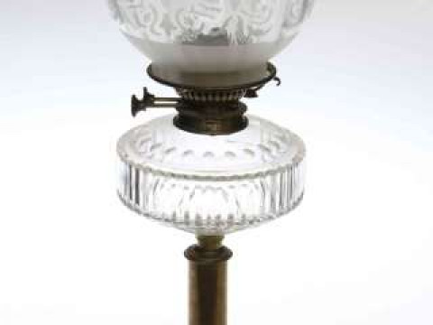 Victorian brass column and clear glass oil lamp