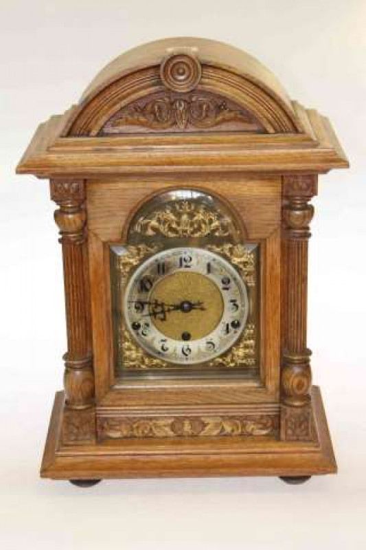 Large oak cased German mantel clock