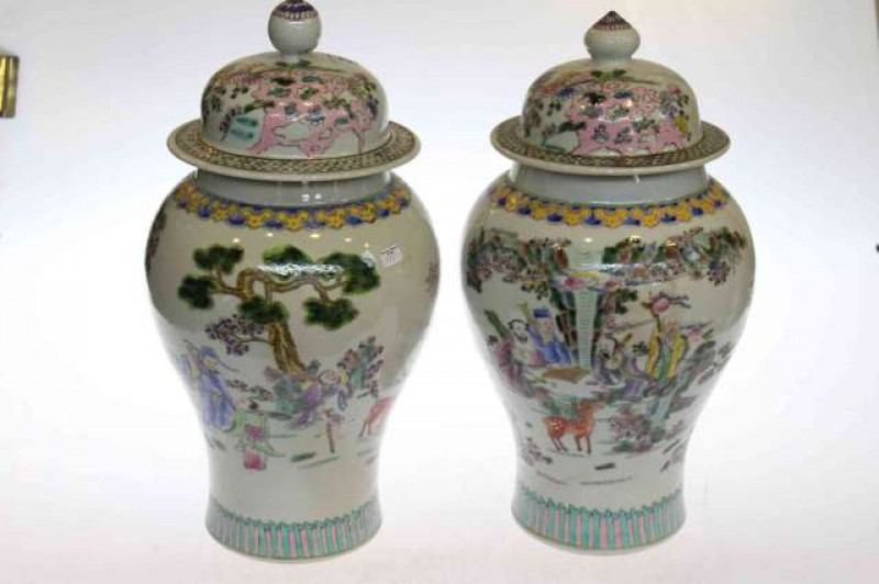 Pair Chinese famille rose baluster vases and covers, 42cm