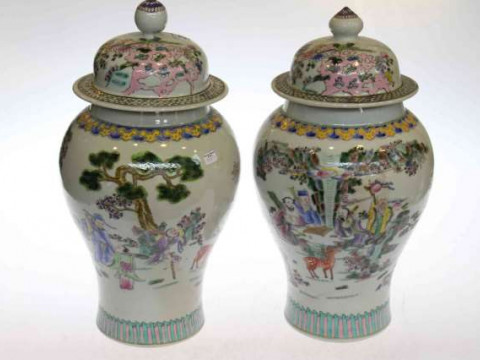 Pair Chinese famille rose baluster vases and covers, 42cm