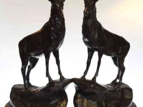Pair large bronze 'Monarch of the Glen' stags, 73cm