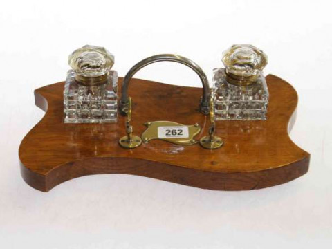 Victorian oak two bottle inkstand