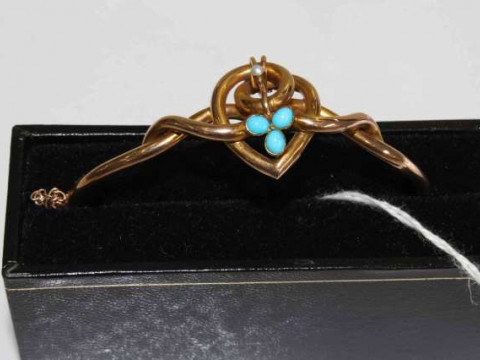 Late Victorian 9 carat gold bangle set with turquoise and seed pearl