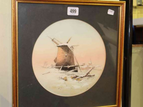 Dutch landscape, circular watercolour and white, in glazed frame