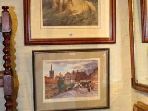 Three framed prints, occasional table and jardiniere (5)