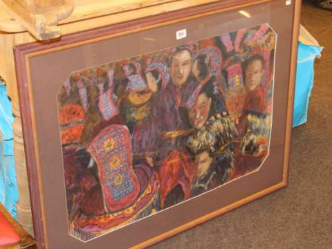 Asian family, oil, in glazed frame