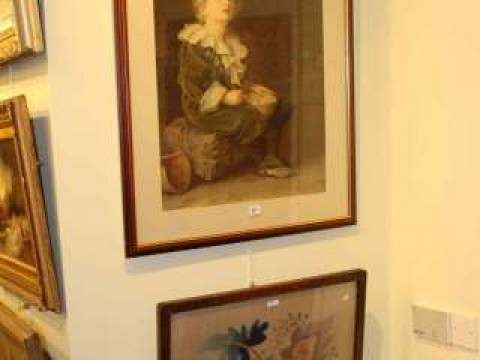 Bubbles print, framed needlework and box of various pictures