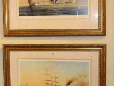Pair gilt framed Robert Taylor marine prints and Victorian framed print...