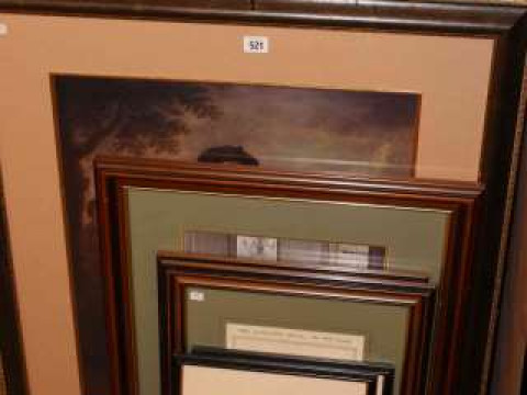 Seven various framed prints including Durham, golfing etc