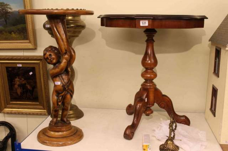 Italian style tripod occasional table, inlaid figural column wine table and brass pedestal jardiniere (3)