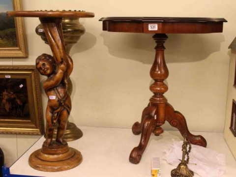 Italian style tripod occasional table, inlaid figural column wine table...