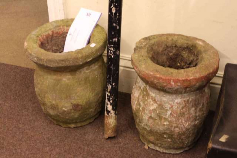 Pair weathered sandstone ovoid garden planters