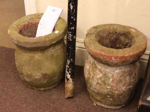 Pair weathered sandstone ovoid garden planters
