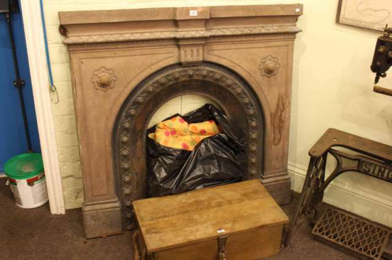 Cast fireplace, small trunk and padlock and pair curtains