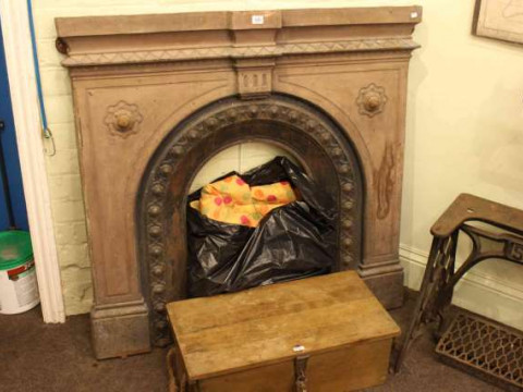 Cast fireplace, small trunk and padlock and pair curtains