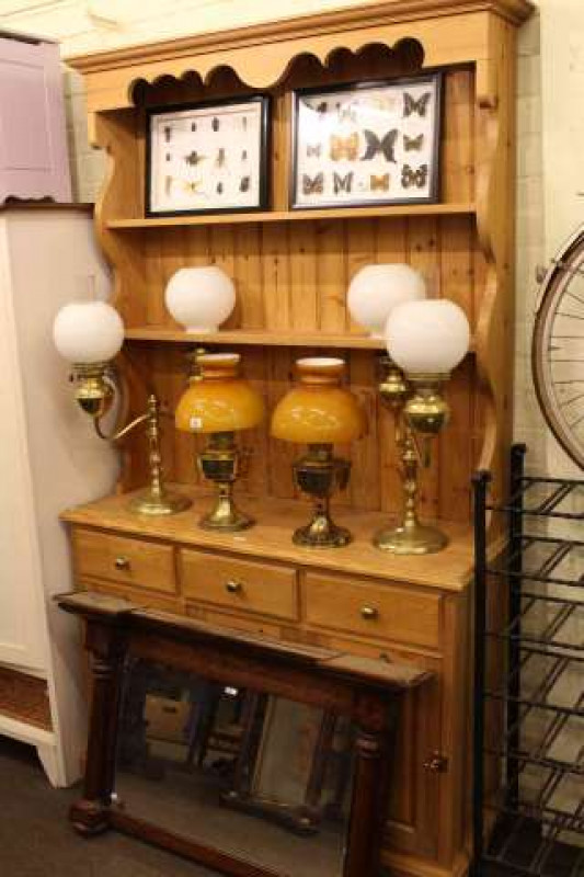 Pine shelf back dresser and Victorian mahogany overmantel mirror