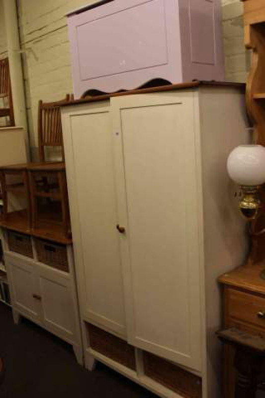 White and pine double door wardrobe and linen cupboard, blanket box, two rugs and coat rack