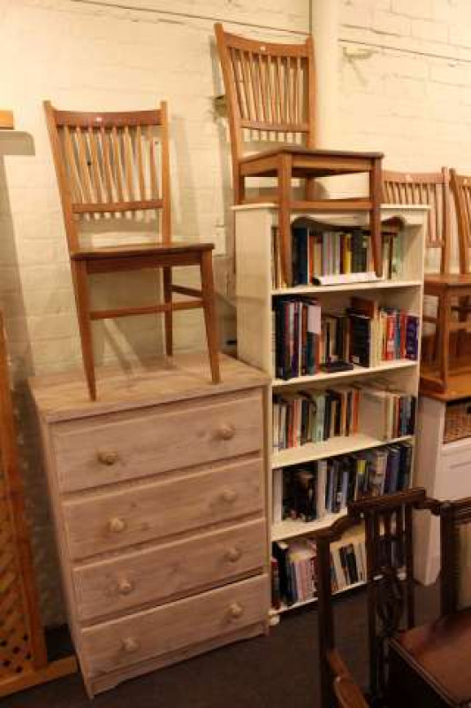 Painted open bookcase, four drawer chest and four kitchen chairs
