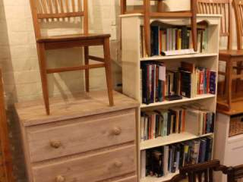 Painted open bookcase, four drawer chest and four kitchen chairs
