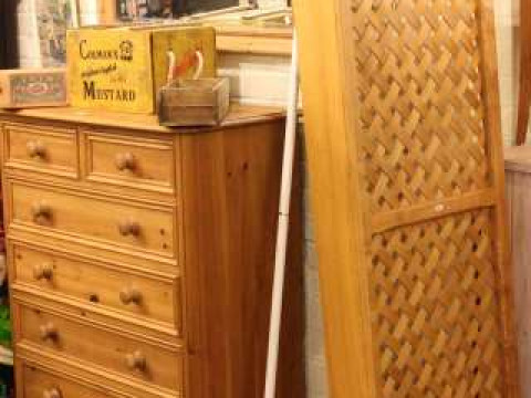 Pine seven drawer chest, pine framed wall mirror and latticed radiator...