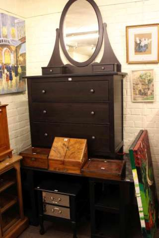 Stained dressing table, pair black and mirrored pedestal chests and glass topped pedestal desk