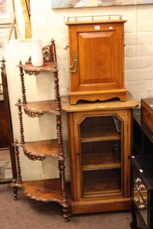 Victorian walnut and satinwood inlaid glazed door music cabinet, oak and satinwood banded smokers cabinet, Victorian burr walnut corner whatnot and slim inlaid rosewood glazed door cabinet