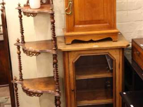 Victorian walnut and satinwood inlaid glazed door music cabinet, oak and...