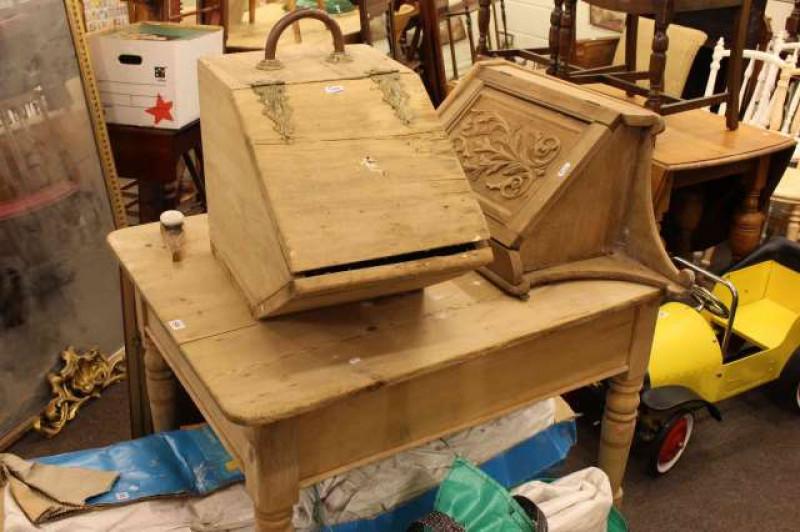 Pine turned leg table, corner wall cabinet and coal box