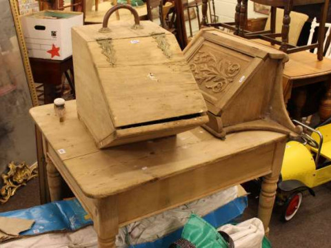 Pine turned leg table, corner wall cabinet and coal box
