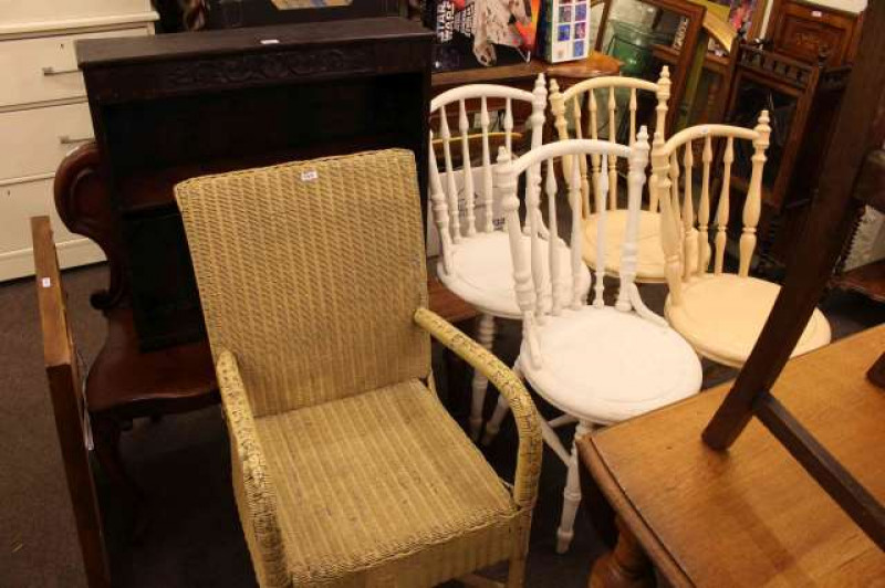 Set of four painted Ibex kitchen chairs, two Victorian hall chairs, bedroom chair, oak wall rack and framed needlework