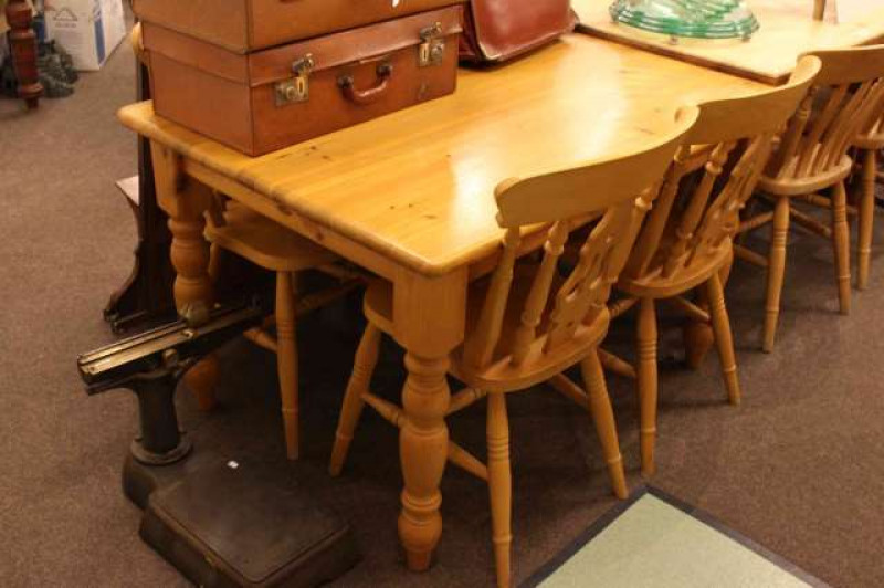 Rectangular pine turned leg kitchen table and four beech chairs