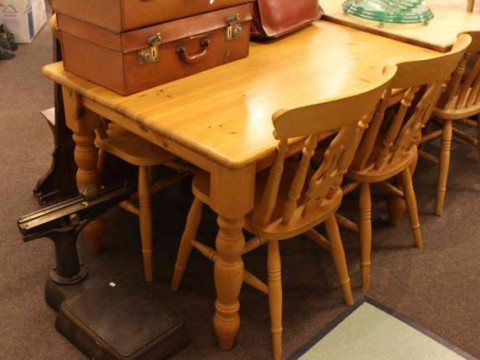 Rectangular pine turned leg kitchen table and four beech chairs