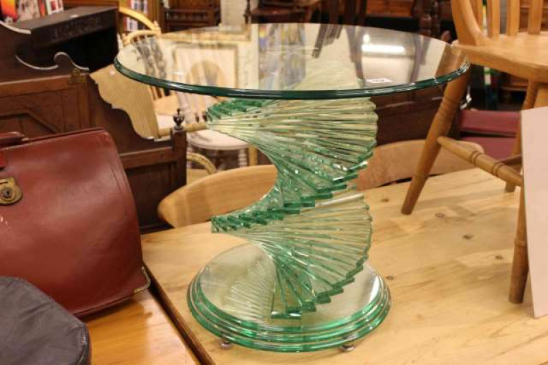 Contemporary circular glass and spiral twist occasional table