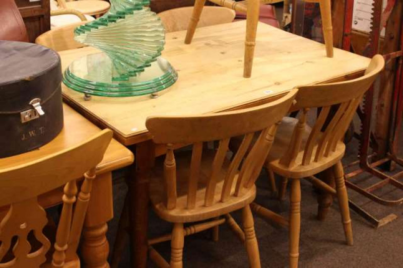 Rectangular pine kitchen table and five beech farmhouse style chairs