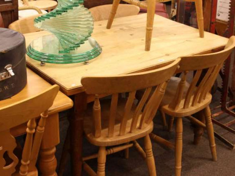 Rectangular pine kitchen table and five beech farmhouse style chairs