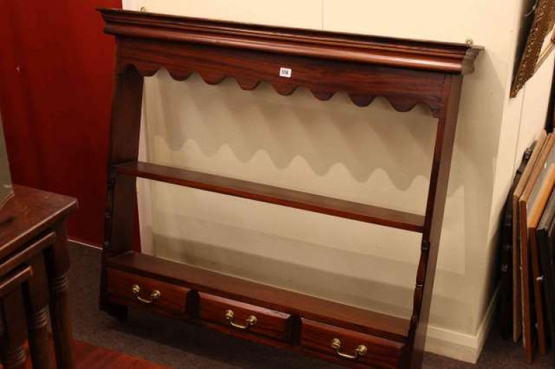 Mahogany three drawer open wall rack and oak nest of three turned leg tables