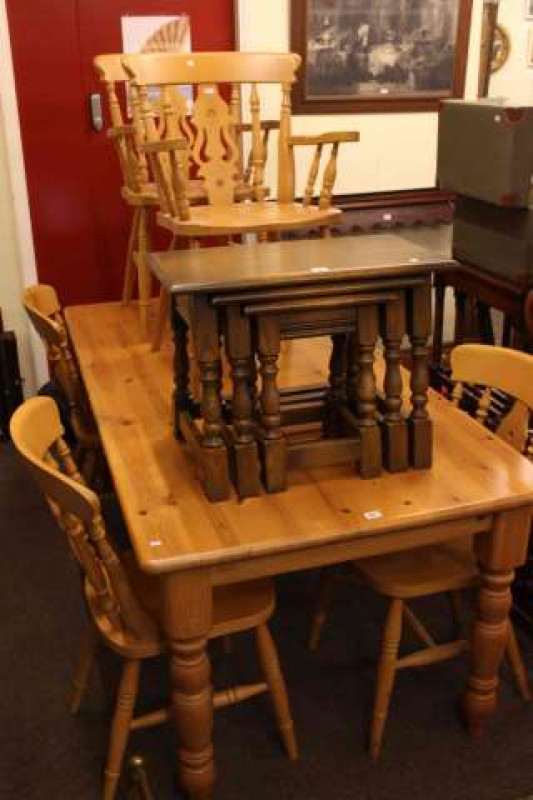 Rectangular pine turned leg kitchen table and six beech chairs (4 single and 2 carvers)