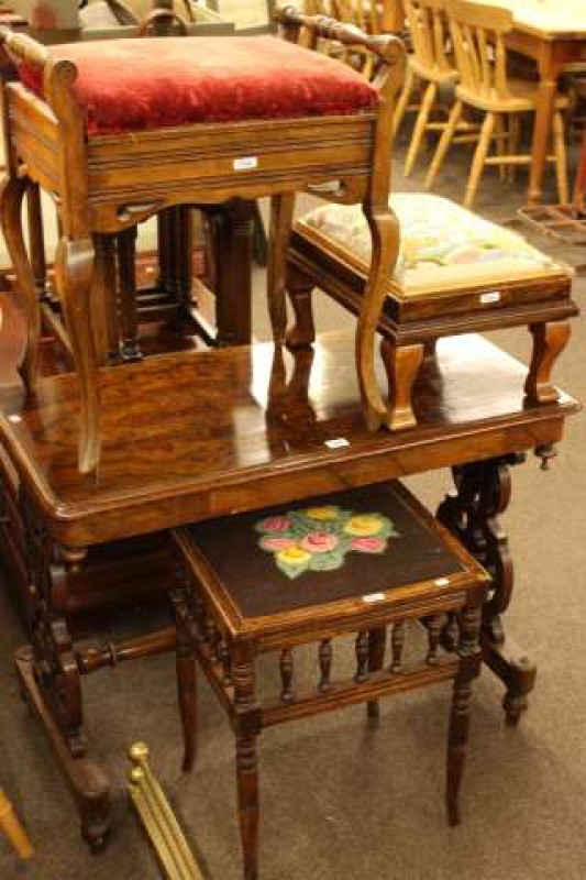 Victorian burr walnut rectangular side table, two music stools and footstool