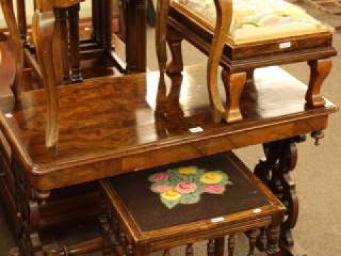 Victorian burr walnut rectangular side table, two music stools and footstool