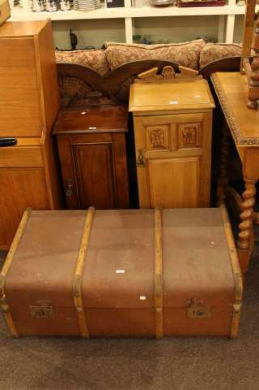 Two late Victorian pot cupboard and vintage canvas bound trunk