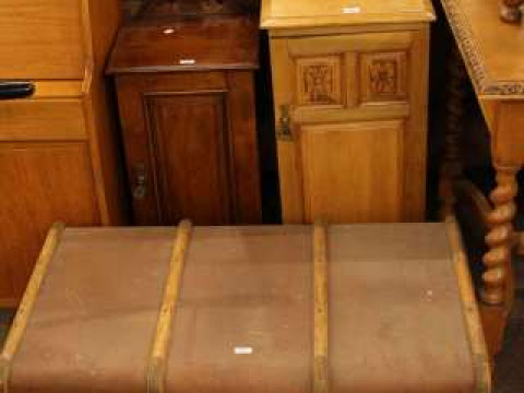 Two late Victorian pot cupboard and vintage canvas bound trunk